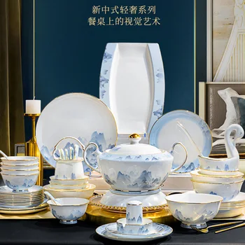 פורצלן Jingdezhen סיני חדש עצם פורצלן שולחן ערוך, ברמה גבוהה, קערה, צלחת, הבית עובר מתנה שילוב
