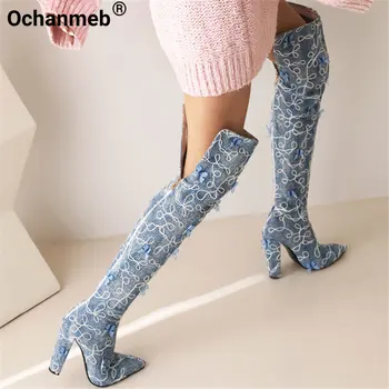 Ochanmeb נשים ג 'ינס כחול ג' ינס מעל הברך מגפיים קו עיצוב תלת-מימדית פרפר רוכסן עקבים גבוהים הרבה מגפיים שיק חדש.