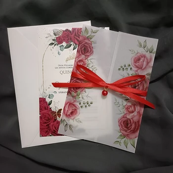 10X ורד אדום שקוף הזמנות לחתונה עם המעטפה DIY קלף כרטיסי הטקס השנה את מסיבת יום ההולדת