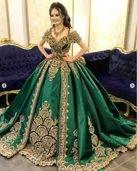 ירוק אמרלד שתי חתיכות גלימה הנשף אירוע השמלות כתף זהב אפליקציה חרוזים Tunisienne ערבית שמלת ערב