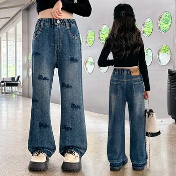 חדש בסתיו נערות ג 'ינס אלסטי המותניים רחב הרגל המכנסיים של ילדים חופשי קוריאנית כחול ג' ינס מכנסיים מזדמנים בסגנון מכנסיים בגדים