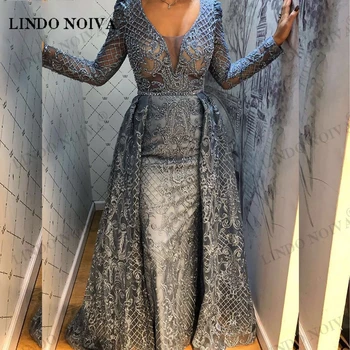 לינדו NOIVA צוואר V דובאי חתונה ערב שמלות ערב לנשים 2023 מלא התחרה בתולת הים קריסטל עבודת יד רשמי שמלת מסיבת