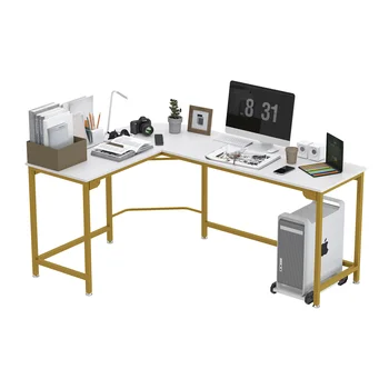בצורת L פינת שולחן מחשב למשרד העבודה המודרני עץ הביתה ללמוד כתיבה שולחן מחשב נייד השולחן - לבן, עם מסגרת זהב
