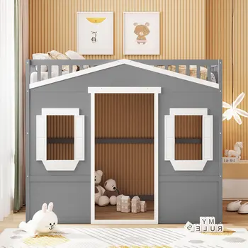 גודל מלא הבית מיטת קומותיים עם סולם אפור+לבן מסגרת מקורה ריהוט חדר שינה