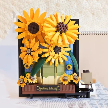 יצירתי ואן גוך חמניות בעציץ הזר אבני הבניין השמש פרח 3D דגם מסגרת תמונה לקישוט הבית לבנים צעצוע Diy מתנה
