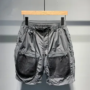 מכנסיים קצרים לגברים אופנה קוריאנית באגי רשת טלאים מחרוזת רגל ישרה המכנסיים בקיץ 2023 חדש כל משחק מזדמנים מכנסיים קצרים Homme