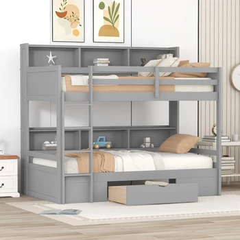 תאום גודל מיטת קומתיים עם סולם,מובנית המדפים לצד שני העליון & Down Bed & מגירת אחסון,באורך מלא, מעקה בטיחות,עבור חדר השינה