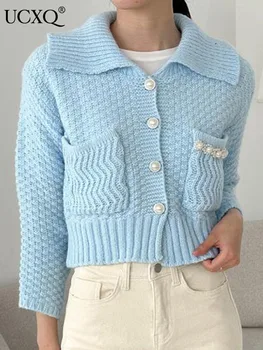 UCXQ קוריאנית שיק דש פנינים כפתורים שרוול ארוך סוודר קרדיגן לנשים 2023 סתיו חדש המזג כיסים סריגה מקסימום