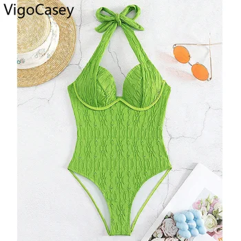 VigoCasey 2023 ירוק המאמץ לדחוף את בגדי ים נשים סקסית קשורה אפסר אחד חתיכת בגד ים Monokini Blackless בקיץ בגד ים