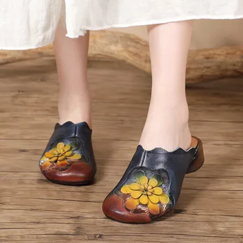 Johnature רטרו עגול הבוהן פרח נעלי קיץ 2023 חדש עור אמיתי חיצונית שקופיות בסגנון אתני נשים נעליים עם עקבים נמוכים