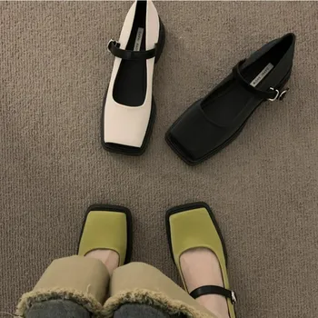 צרפתי רטרו סוליה עבה בוהן מרובע מרי ג ' יין נעליים בודד עבור נשים באביב ובסתיו החדש עבה בעלות עקב קטן, נעלי עור