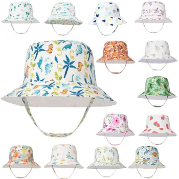 ילדים דלי כובע פנמה כובע קיץ לילדים כובע השמש היילוד כותנה רכה שמש כובע מתכוונן חמוד הדפסה צדדים כפולים התינוק שמש כובעים