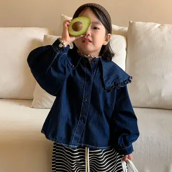 ילדים העליון 2023 סתיו חדש קוריאני לילדים ללבוש קוריאנית חמודה תחרה דש הבנות ג ' ינס חולצה ילדים מעילים עבור בנות