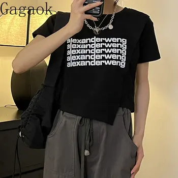 Gagaok מתוק חריף לא סדיר חולצת 2023 הקיץ החדש של הנשים הונג קונג בסגנון ייחודי שיק מודפס שרוול קצר למעלה