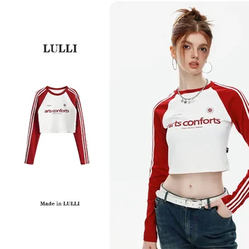 LULLI2023 חדש סתיו פס חופש כתף שרוול ארוך חולצת הטריקו של הנשים אמריקן וינטג ' רגלן חזק חריף ילדה BM קצר העליון