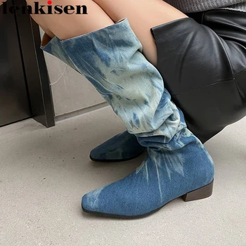 Lenkisen 2024 ג ' ינס בוהן מרובע נעלי חורף חם למתוח מגפיים המסלול להחליק על הסוואה של המותג מסיבת מעל מגפי ברך