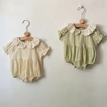 סגנון קוריאני תינוק תינוק בגדי הגוף עם שרוולים קצרים הכותנה תחרה, תפירה תינוק בייבי בנות סרבל לילדים בגדים לקיץ