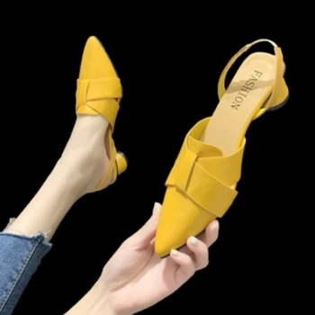 הקיץ הצביע הבוהן סנדלי נשים אופנה באיכות גבוהה בצבע בז ' כיכר העקב נעליים מזדמנים מסיבה מתוקה צהוב עקבים גבוהים בתוספת גודל 42