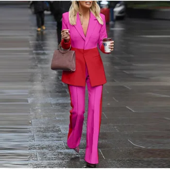 2023 כוכב אופנה חדשה להגדיר כפתור אחד ניגודיות צבע בלוק חליפה+בל מכנסיים סט שני חלקים סט