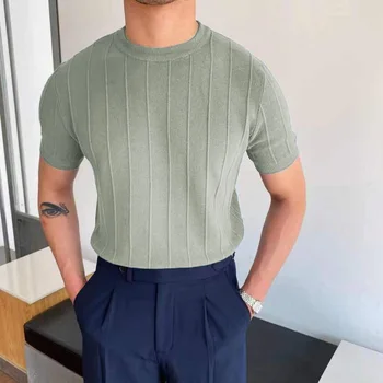 2023 קיץ גברים לסרוג קרח משי חולצות באיכות גבוהה מוצק צבע פסים שרוול קצר O-צוואר טי חולצות Mens דק Slim Fit חולצות