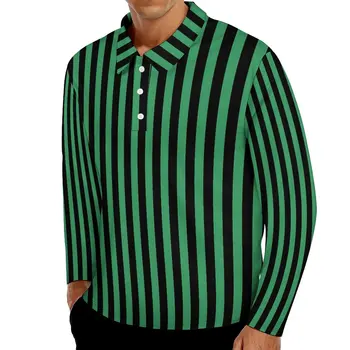 ממתק פסים מקרית חולצות Mens ירוק, שחור שרוול ארוך חולצות פולו Turn-למטה צווארון בציר היומי המודפס החולצה 5XL 4XL
