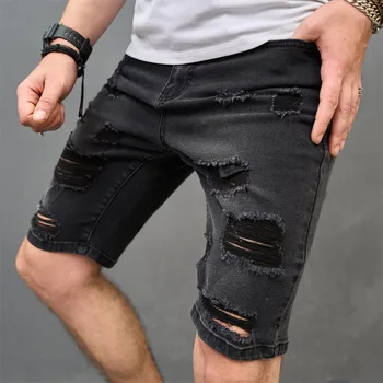 2023 קיץ גברים היפ הופ אופנת רחוב קרע סלים ג 'ינס קצרים גברים מסוגננים חורים החוף מזדמנים מכנסי ג' ינס קצרים