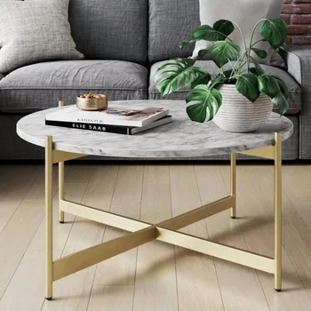 ניית 'ן ג' יימס פייפר לבן השיש המלאכותי זהב פליז מסגרת מתכת עגול מודרני בסלון שולחן קפה בסלון רהיטים