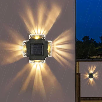 LED סולארית מנורת קיר ארבעת הצדדים הזרקורים חיצוני עמיד למים למעלה ולמטה זוהר שמש אור גן חצר גדר עיצוב מנורות