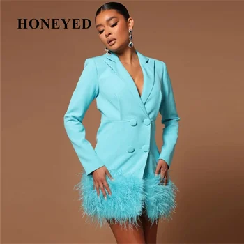 HoneyedTiffany כחול נשים חליפות שמלת נשף רשמית יען נוצה סקסי VNeck ' קט בלייזר מותאם אופנה מסיבת Женский הגומי