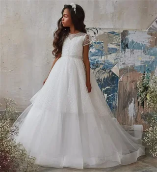 פרח שמלת ילדה נקודה לבנה פלאפי שכבות טול אפליקציה חתונה אלגנטית פרח הילד הראשון של סעודת האדון שמלת מסיבת יום הולדת