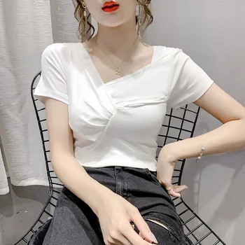 חולצת אופנה נצנצים בכיס חולצת טריקו 2021 נקבה חולצות טי קוריאנית שחור