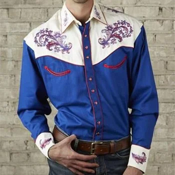2023 חדש של גברים אופנה חולצה רקומה המערבי בסגנון אמריקאי דפוס רקום חופשי שרוול החולצה