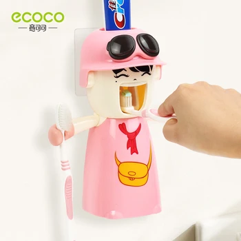 ECOCO הקיר אוטומטי קריקטורה מתקן משחת שיניים על ילדה ילדים, אביזרי אמבטיה סט מחזיק מברשת שיניים על הקיר מתלה
