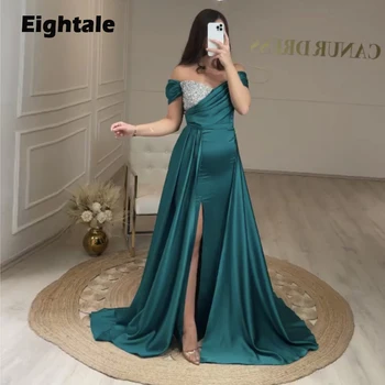 Eightale ירוק כהה שמלת ערב לחתונה מסיבה כתף חרוזים סאטן צד שסף סלבריטי בערבית הרשמית שמלות לנשף