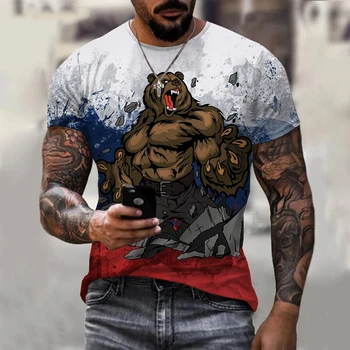 רוסיה החדש דגל דוב הדפסת 3D גברים, נשים, צוואר עגול חולצת הטריקו יומיומי שרוול קצר מנופחים Tees מקסימום אופנה גברים חולצת טי בגדים