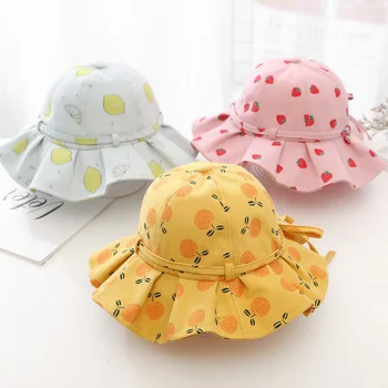 הקיץ התינוק דלי כובע פרח פרי הדפסה Bowknot ילדים בנות שמש כובעים חיצונית תינוק פעוט החוף קאפ