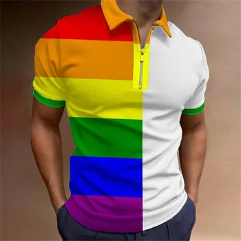 קשת חולצת פולו לגברים צבעוני הדפסה גולף טופ טי אופנה מזדמנים באיכות גבוהה Zip פולו חולצה רופף מנופחים בגדי גברים