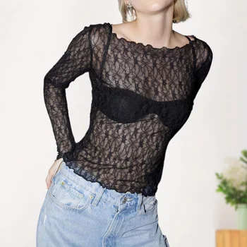 רשת לראות דרך האופנה טופ תחרה גברת שרוול ארוך חולצת אופנה אלגנטית לראות דרך סקסי נשים Y2K העצום Slim Fit מבריק העליון