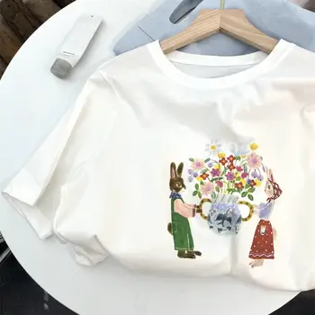 2023 החדשה של נשים שרוול קצר כותנה חולצות פרח הדפסה נשים קיץ O-צוואר לבן Tees צמרות לנשים בגדים מזדמנים
