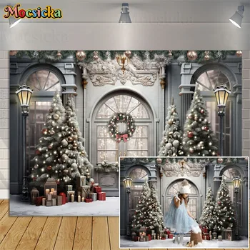 חג מולד לבן יוקרתי קלאסי הדלת חלון צילום רקע ילדים משפחתית Photocall חג המולד שלג בחורף רקע אביזרים