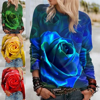 2023 סתיו נשים אופנה חדשה 3D פרח הדפסה דיגיטלית צוואר עגול חולצת טריקו שרוול ארוך חולצות