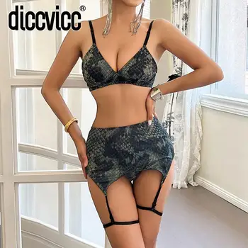 Diccvicc חושני הלבשה תחתונה נחש הדפסה חזייה, בירית להגדיר עדין נשים הלבשה תחתונה סקסית ללא משענת אקזוטיים תלבושת מפוארת אינטימי ערכות