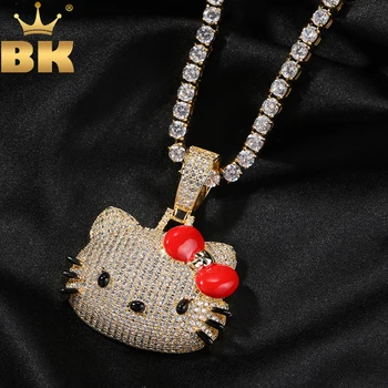 בלינג המלך מיאו חתול תליון מיקרו סלולה החוצה זרקונים שמן אדום Bowknot השרשרת Hiphop תכשיטים מתנה עבור ילדה נשים