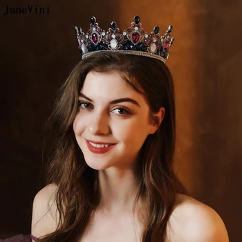 JaneVini הבארוק ססגוניות קריסטל CrownsTiaras עבור נשים ריינסטון יוקרה סיבוב כלה הכובעים החתונה אביזרי שיער 2023