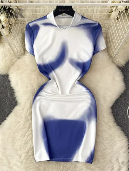 SINGREINY הדפסה סלים שמלת מיני נשים אלסטי המותניים עם צווארון גולף אופנה 2023 Y2K אלגנטי בנות סקסית במועדון אופנת רחוב, שמלות