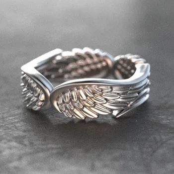 עיצוב מקורי אנג 'ל כנפיים נוצות הכנפיים הטבעת האירופי אמריקן וינטג' תאילנדי כסף שחור טבעת