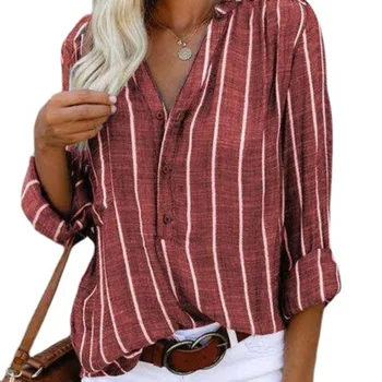 נשים בגדי הקיץ הדפס פסים שרוול ארוך לכפתר חולצה אופנה מזדמן פשוט V-צוואר רופף החולצה לא סדיר מקסימום