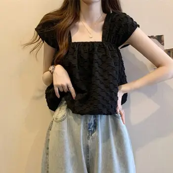 בגדי נשים 2023 מקרית קוריאני הקיץ רזה חמוד מתוק סגנון צעיר קפלים מוצק כיכר צווארון לבן שחור ללא שרוולים Camis