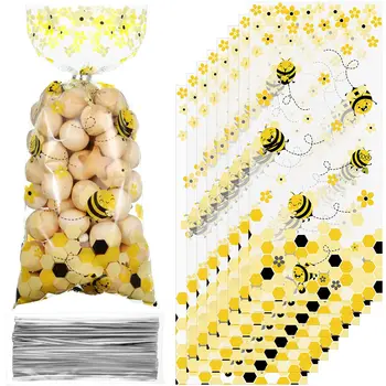 100pcs דבורה ממתקים שקיות צהוב דבש שקוף פלסטיק שקיות עם כסף, קשרים טוויסט לילדים דבורה מסיבת יום הולדת קישוט