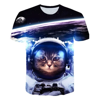 חולצת הטריקו של הגברים חלל וחלל חתול להדפיס חולצה אופנה מזדמן ספורט מתאים רופף של גברים ברחוב באיכות גבוהה צוואר עגול סוודר